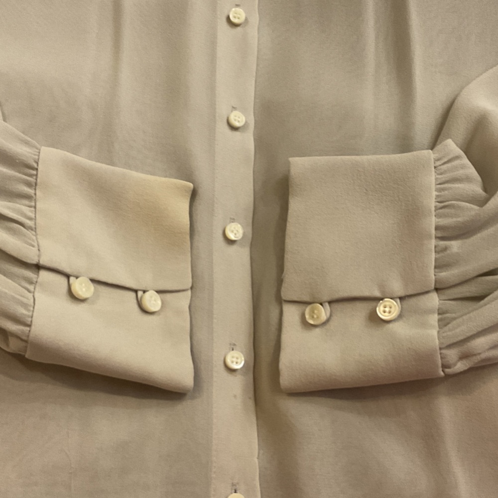 J. Crew Factory  100% silk sheer Ruffle-Neck Button-Front Blouse - Light Gray - Picture 3 of 4